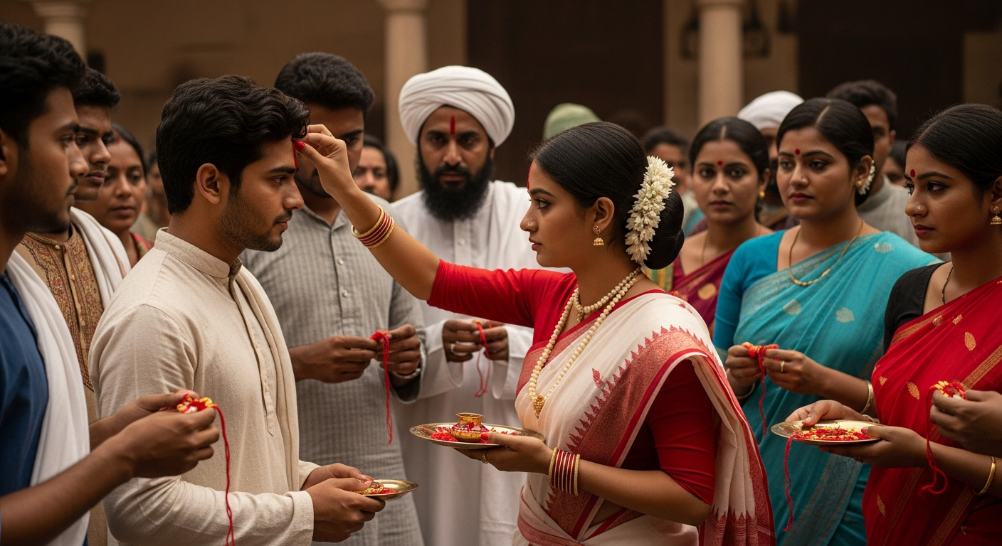 Bhai Dooj / Bhai Phonta & the 1905 Partition of Bengal A young Bengali woman in a traditional red-white saree applies a sacred phonta on her brother.