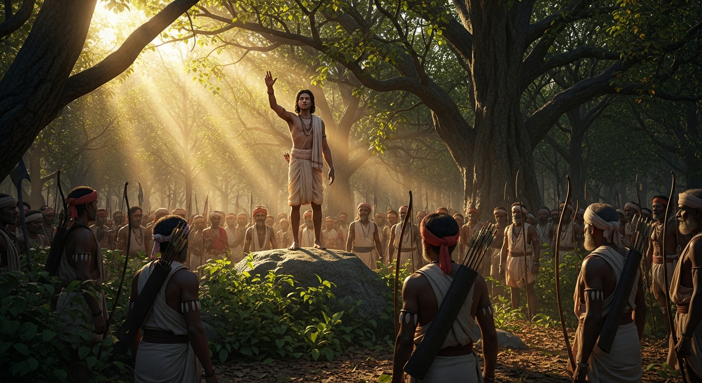 Birsa Munda and the Munda Rebellion (1899–1900) A young Birsa Munda stands tall on a forest rock, addressing a crowd of tribal men and women armed w