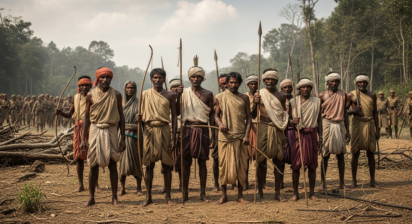 Brave tribal villagers stand united against colonial forces during India’s freedom struggle.