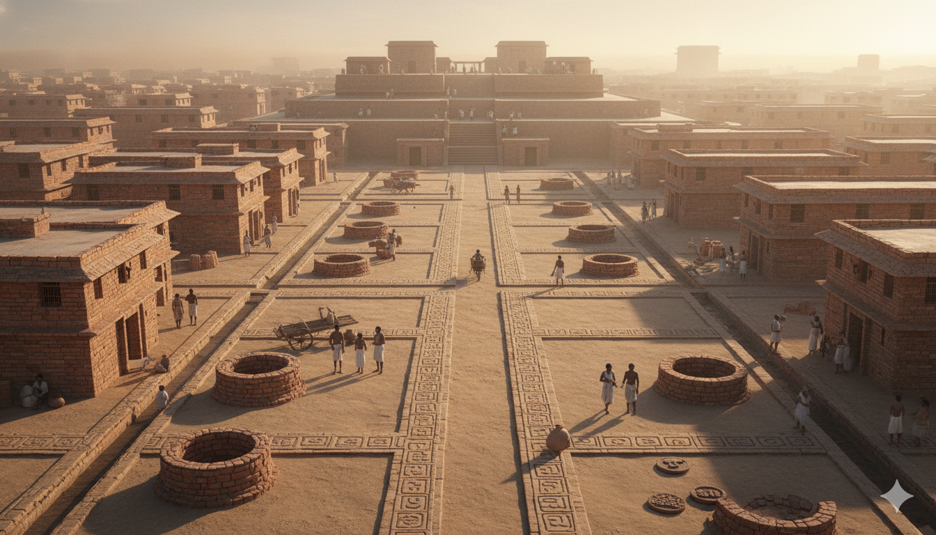 Illustrated aerial view of a planned Indus Valley Civilization city with grid streets.