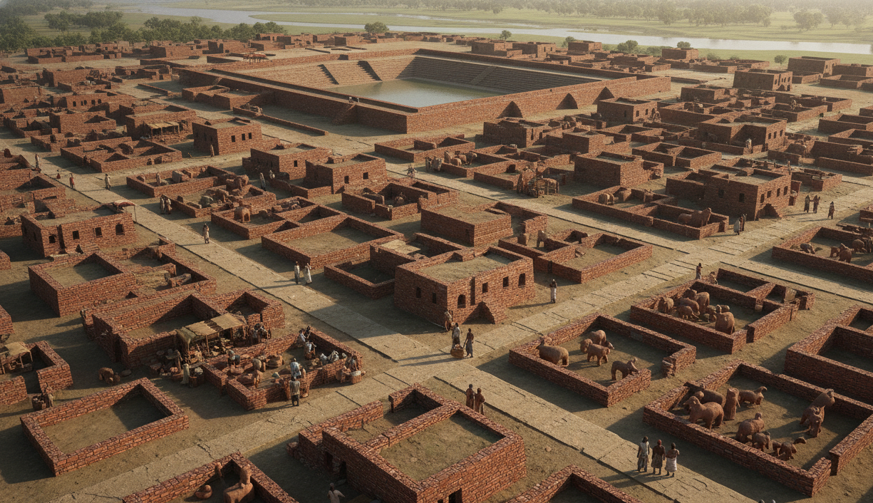 Indus Valley Civilisation: History, Cities, Culture & Legacy Explained Illustration of an Indus Valley Civilisation city with brick houses, straight streets, Great Bath.